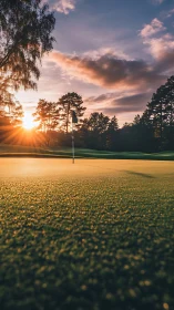 Golden hour calm on a peaceful golf course green at sunset.