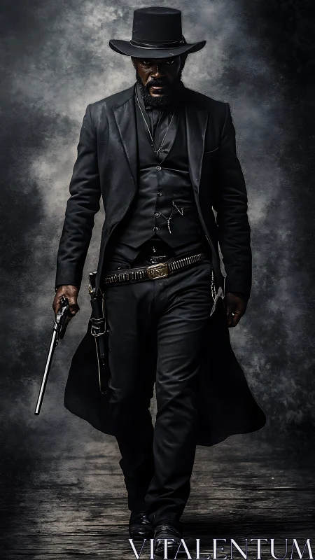 Black-clad gunslinger in long coat walks forward with revolver
