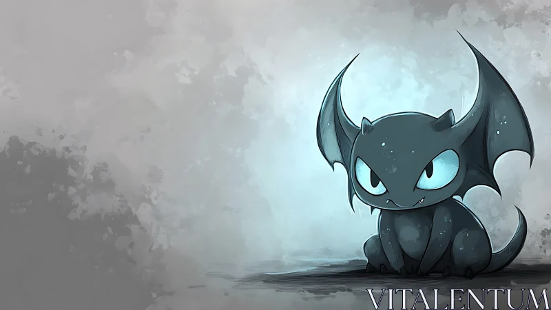 Moody chibi dragon sits in a misty, glowing twilight haze