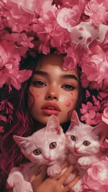 Girl Surrounded by Pink Flowers and Kittens in Dreamy Portrait