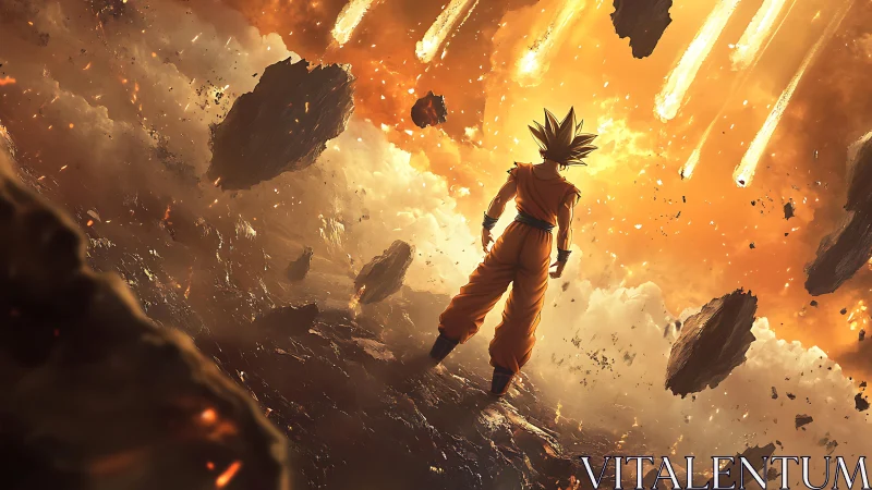 Warrior silhouetted in apocalyptic meteor storm skyscape.