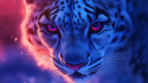 Neon-lit Tiger Portrait with Magenta Eyes and Blue Illumination