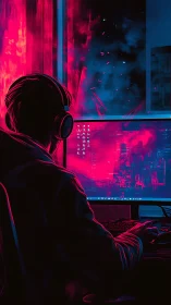 Solitary gamer glows in neon cyberpunk night at his desk
