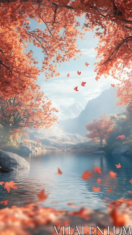 Autumn lakeside valley glows beneath distant snowy peaks.