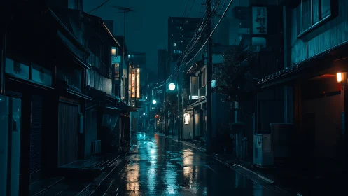 Midnight rain polishes a neon-lit Japanese backstreet.