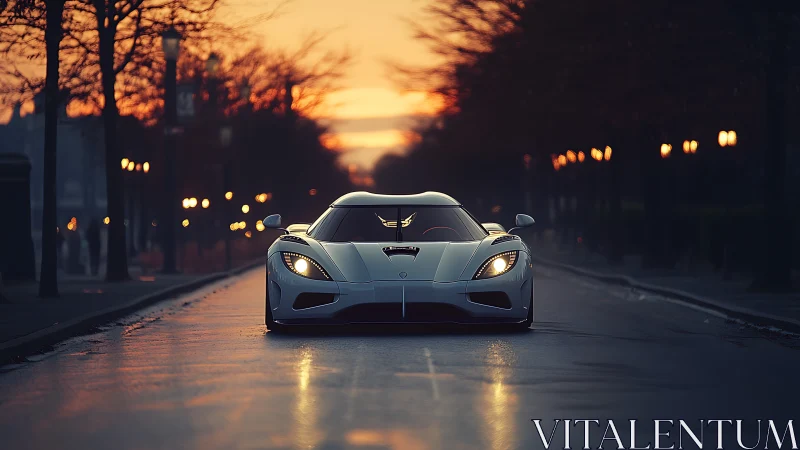 White supercar on wet city street at dusk with headlights on.