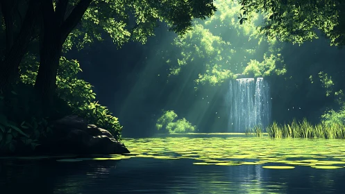 Sunlit forest waterfall illuminates tranquil lily-covered lagoon