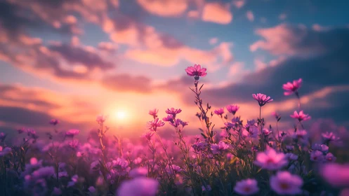 Pink flowers at sunset with dramatic sky.