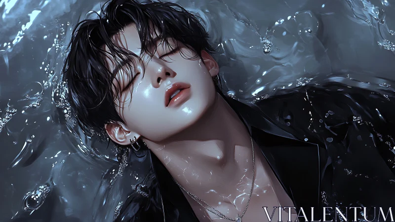 Male figure in water with wet hair and reflective surface.