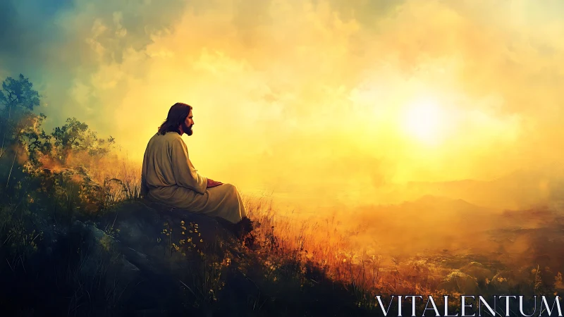 Robe-clad figure meditating on hillside at radiant sunrise