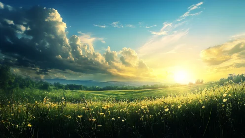 Sunlit wildflower meadow opens to a radiant summer horizon