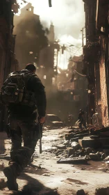 Tactical infantry advance through high-dynamic-range war ruin.