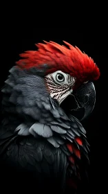 Scarlet and charcoal parrot portrait against black field