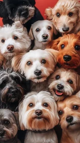 Group portrait of small mixed-breed dogs against red backdrop.