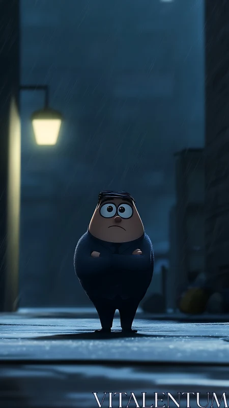 Cartoon man stands alone in rainy night alleyway scene.