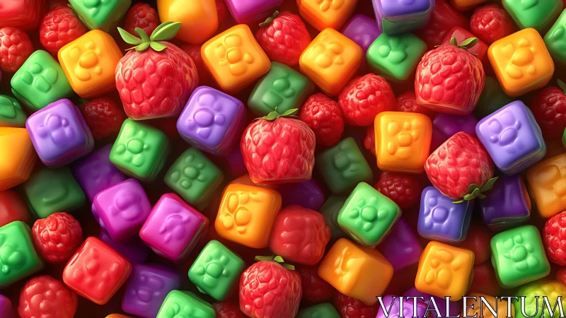 Colorful candy composition with dimensional raspberries and geometric blocks.