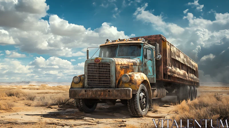 Rusted desert freight truck under towering storm clouds.