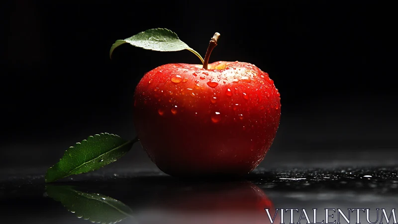 High contrast macro of dewy red apple on reflective surface