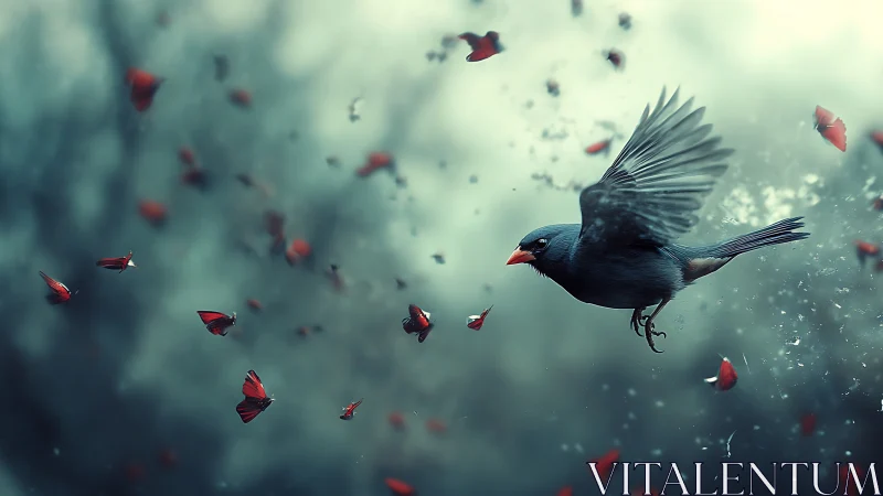 Black Bird Pursues Red Butterflies Through Misty Dreamscape.