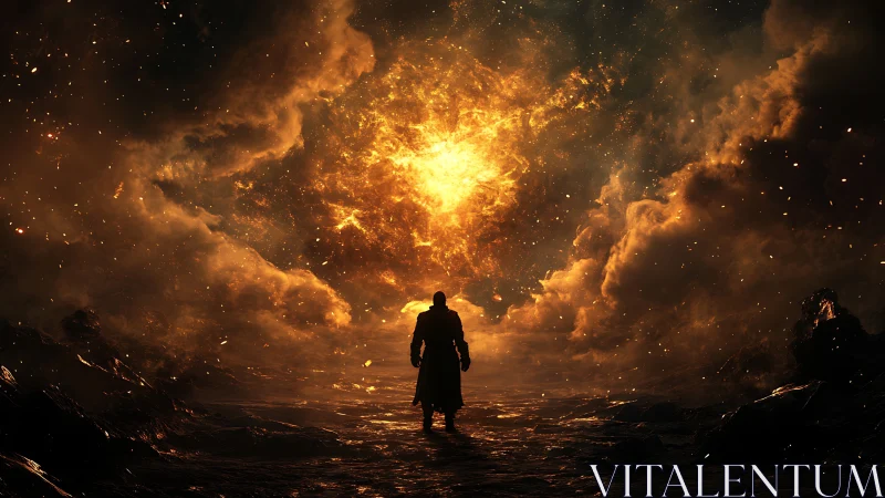 Silhouetted figure before central fiery cloud formation.