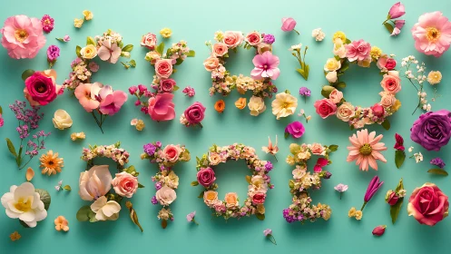 Floral Typography Arrangement on Mint Green Background.