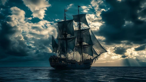 Storm-kissed tall ship sailing through moody twilight seas.