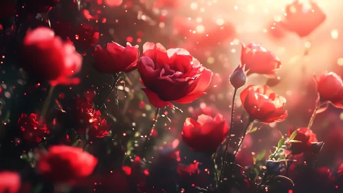 Red roses photographed with soft focus light flare effect