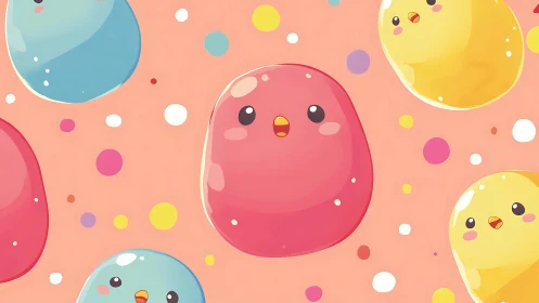 Colorful Rounded Characters on Coral Background.