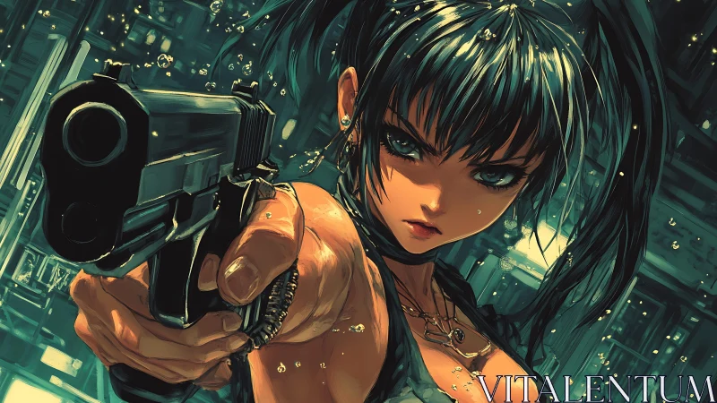 Female anime figure points handgun in close frontal view