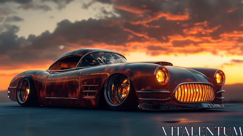 Low-slung retro-styled 3D car model is rendered at sunset