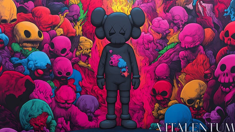 Toy figure amid neon skull chaos, saturated pop palette.