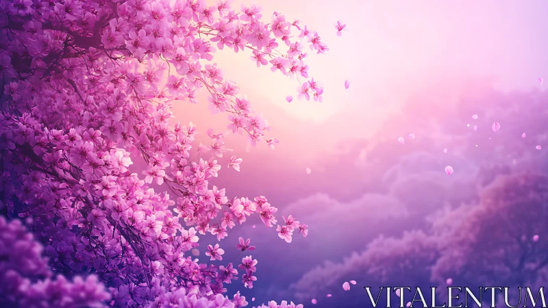 Cherry blossoms glow over dreamy violet valley at sunset