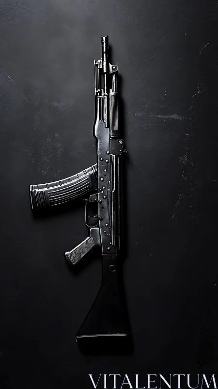 Stark metallic rifle stands sentinel against textured darkness