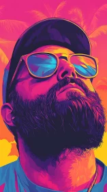 Neon sunset gaze crowns a bearded dreamer in tropic heat.