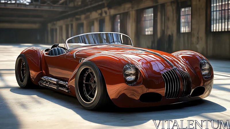 Red retro-style roadster sits in sunlit industrial hall