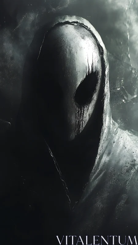 Hooded faceless figure in shadowed monochrome environment.
