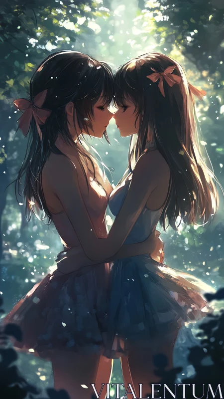 Backlit anime couple embracing in luminous forest clearing