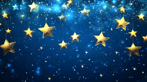 Golden suspended stars over luminous deep blue night sky.