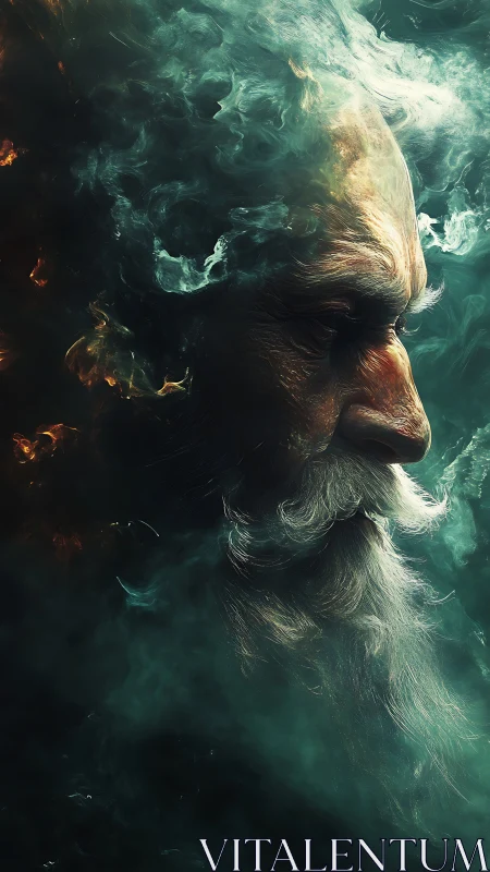 Elder of Embered Mist, a mythborn face in swirling storm.