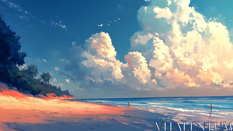 Coastal shoreline under towering cumulus cloud formations.