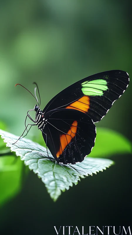Black butterfly on leaf with orange and green markings.