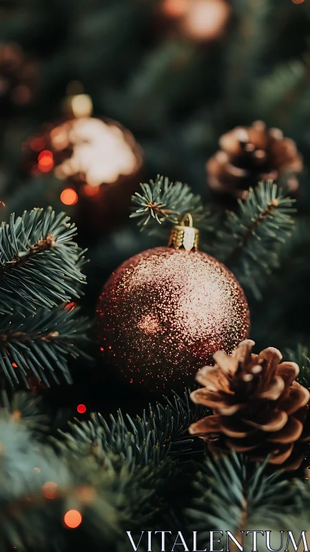 Glittering copper ornament rests among pine needles and cones