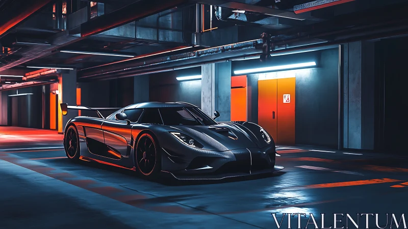 Night-lit supercar waits in a sleek underground hideout