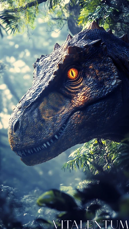 Predatory dinosaur head emerging from dense jungle foliage.