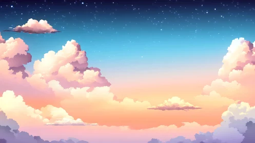 Pastel dusk sky renders volumetric clouds in soft gradients