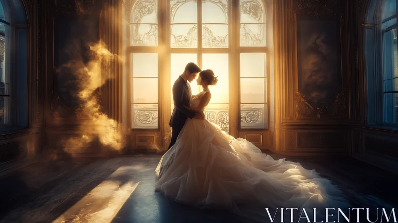 Sunlit bridal embrace in opulent baroque ballroom interior.