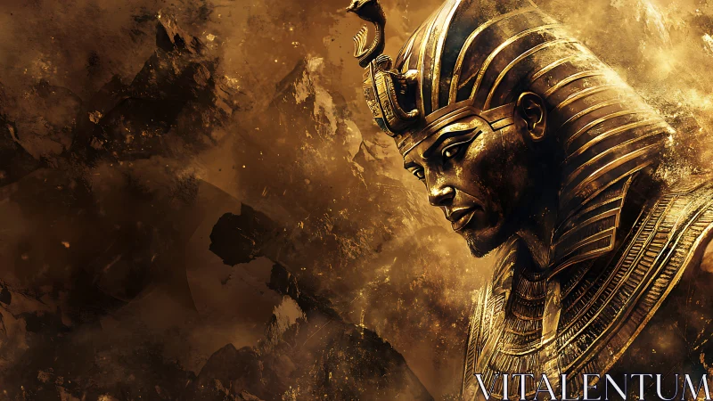 Golden pharaoh bust emerges from textured desert void