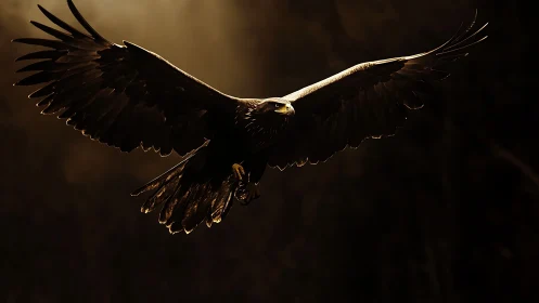 Low key raptor portrait with dramatic rim lighting in flight.