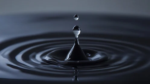 Single water droplet crowns dark liquid surface in macro focus