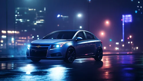 Silver Chevrolet sedan on wet city street at night period